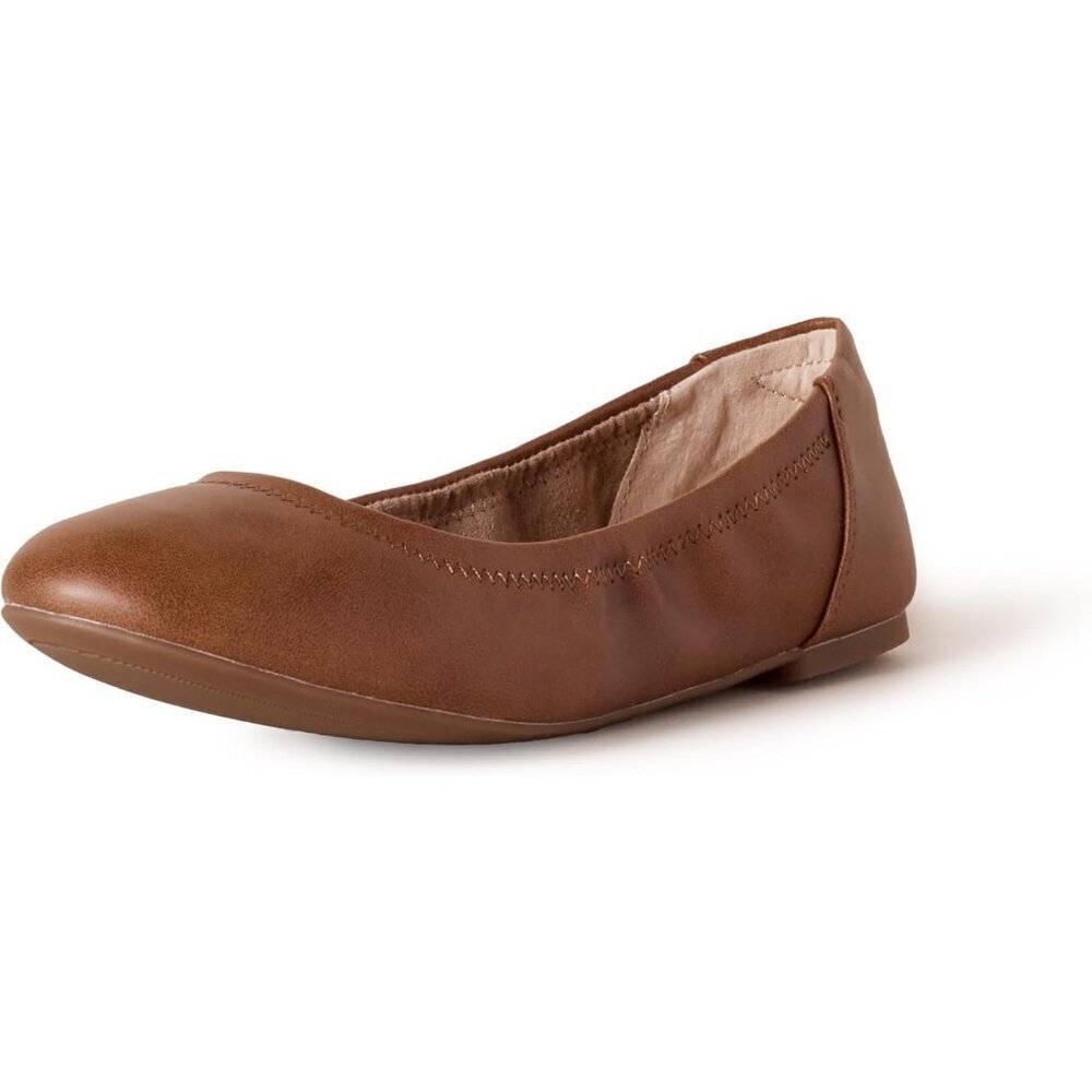 Womens Tan Closed Rounded Toe Slip On Low Wedge Heel Belice Ballet Flat Shoes